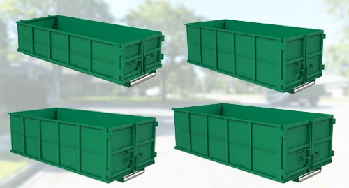 Row of 6, 10, 14, 16-yard garbage bin rentals by Flat Rate Bin
