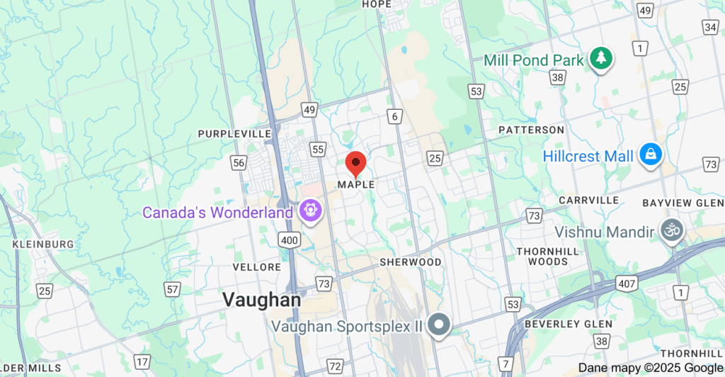 Service area map for garbage bin rental in Maple Vaughan, including nearby areas like Rutherford, Teston, and Dufferin Hill.