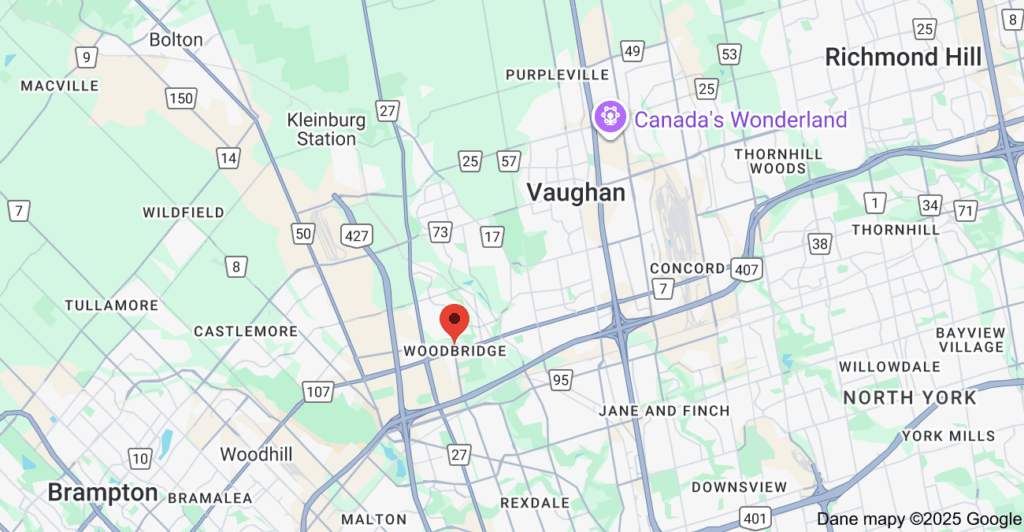 Service area map for garbage bin rental in Woodbridge, Vaughan showing nearby neighborhoods like Maple, Concord, and Kleinburg