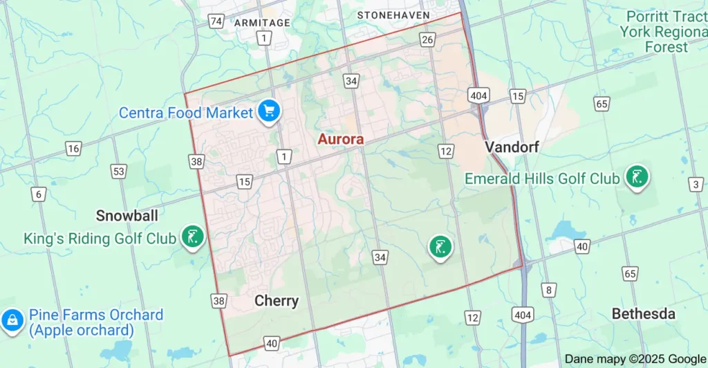 Service area map showing garbage bin rental coverage across Aurora Ontario, including Bayview Avenue, Yonge Street, and Wellington Street.