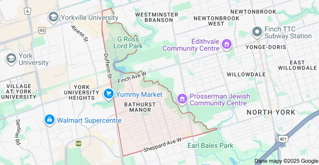 Service area map showing Flat Rate Bin garbage bin rental coverage in Bathurst Manor North York Toronto