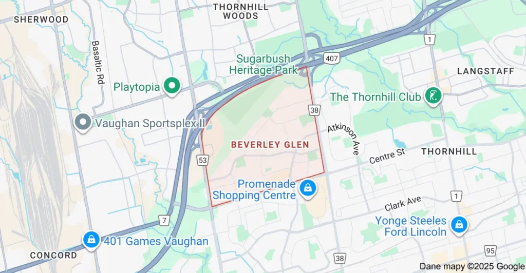Service area map showing garbage bin rental coverage across Beverley Glen Vaughan, including Bathurst Street, Dufferin Street, and Highway 7.