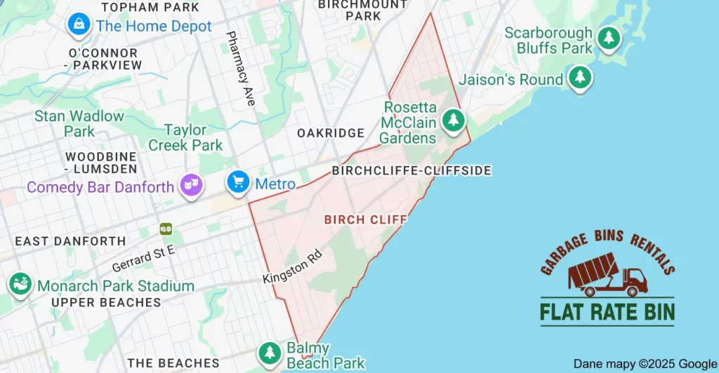 Birch Cliff Scarborough Garbage Bin Rental Service Area Map Service area map showing Flat Rate Bin garbage bin rental coverage in Birch Cliff Scarborough