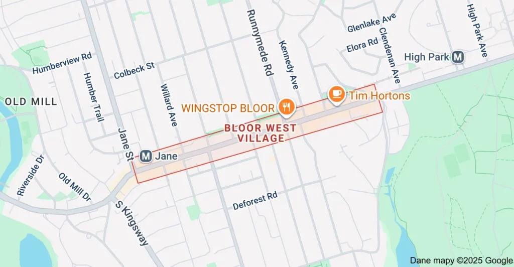 Service area map showing Flat Rate Bin garbage bin rental coverage in Bloor West Village Toronto