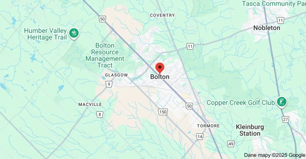 Service area map showing garbage bin rental coverage across Bolton Ontario, including Queen Street, King Street, and Highway 50.