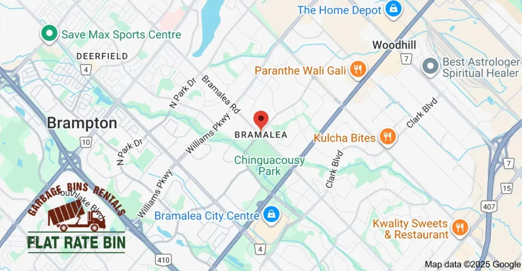 Service area map showing Flat Rate Bin garbage bin rental coverage in Bramalea Brampton