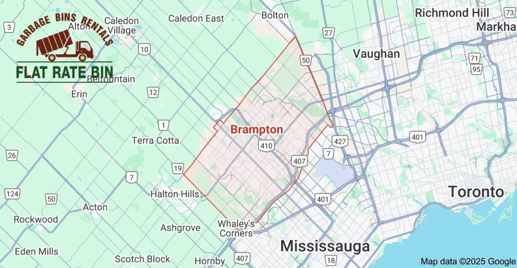 Dumpster rental service area map for Flat Rate Bin in Brampton, Ontario.