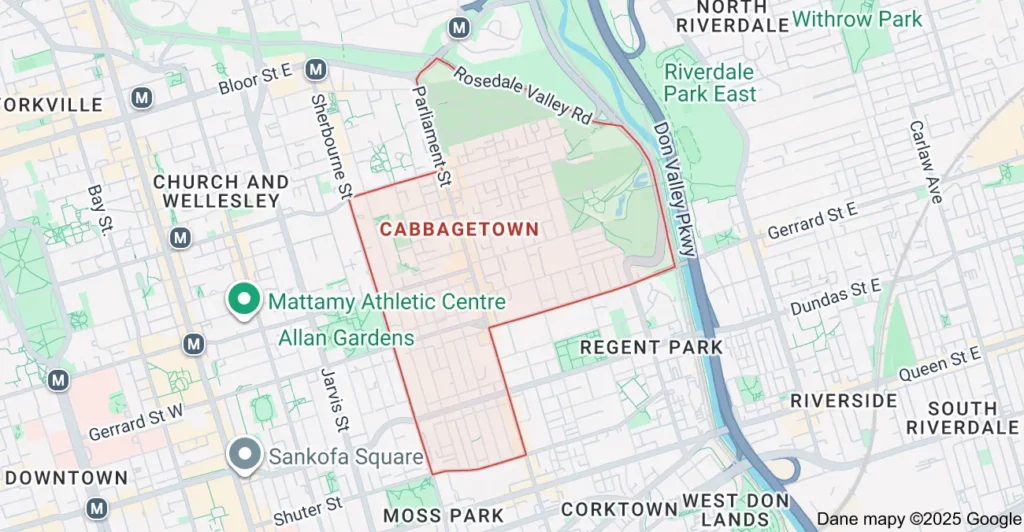 Service area map showing Flat Rate Bin garbage bin rental coverage in Cabbagetown Toronto