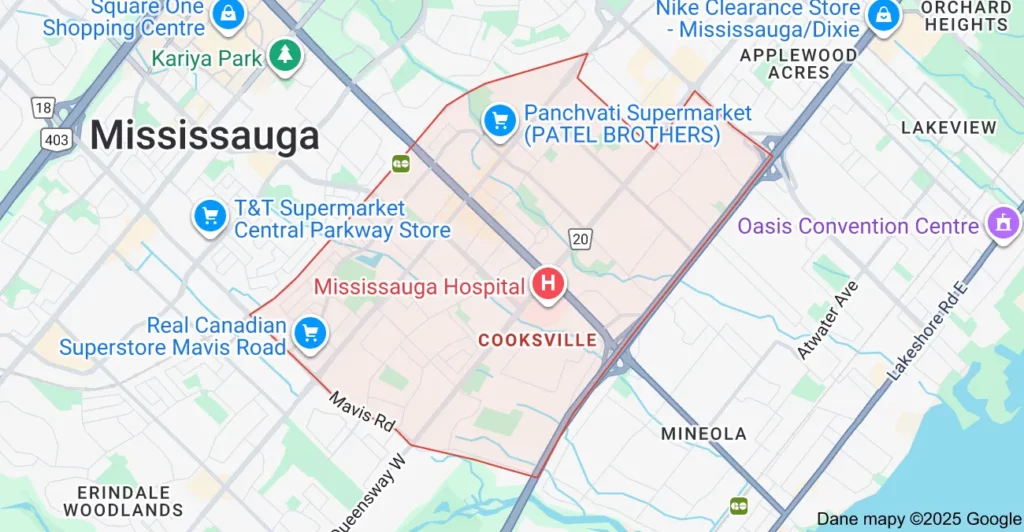 Service area map showing Flat Rate Bin garbage bin rental coverage in Cooksville Mississauga