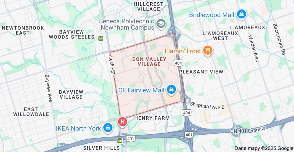 Service area map showing Flat Rate Bin garbage bin rental coverage in Don Valley Village North York