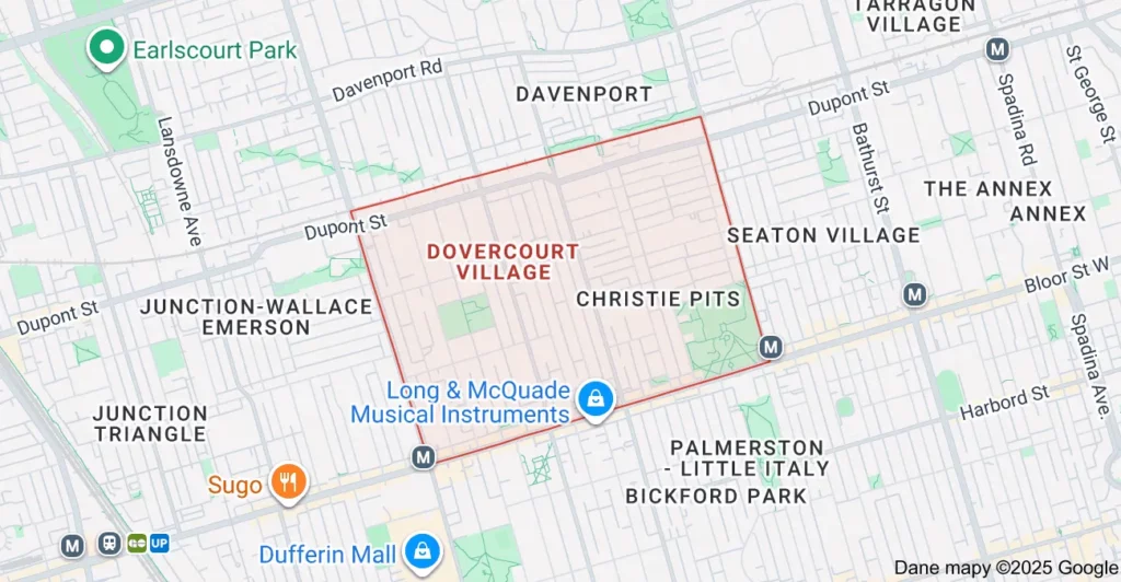 Service area map showing Flat Rate Bin garbage bin rental coverage in Dovercourt Village Toronto