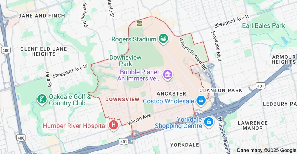 Service area map showing garbage bin rental coverage across Downsview Toronto, including Keele Street, Sheppard Avenue, and Downsview Park.