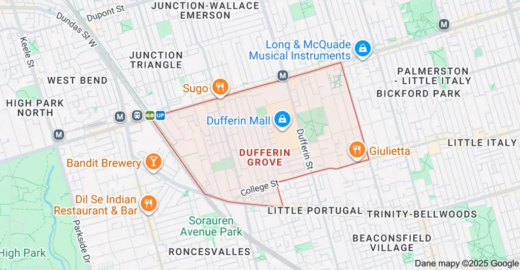 Service area map showing Flat Rate Bin garbage bin rental coverage in Dufferin Grove Toronto