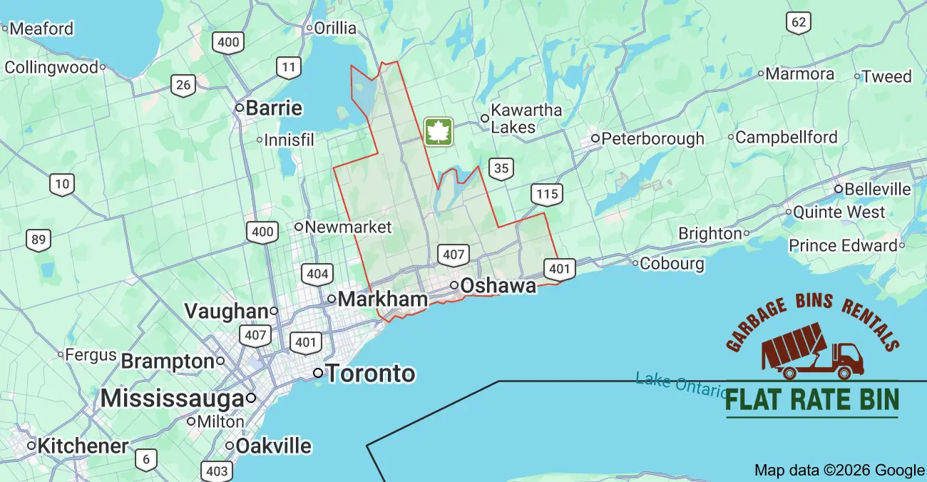 Garbage bin rental service area map showing Flat Rate Bin dumpster delivery coverage across Durham Region, Ontario