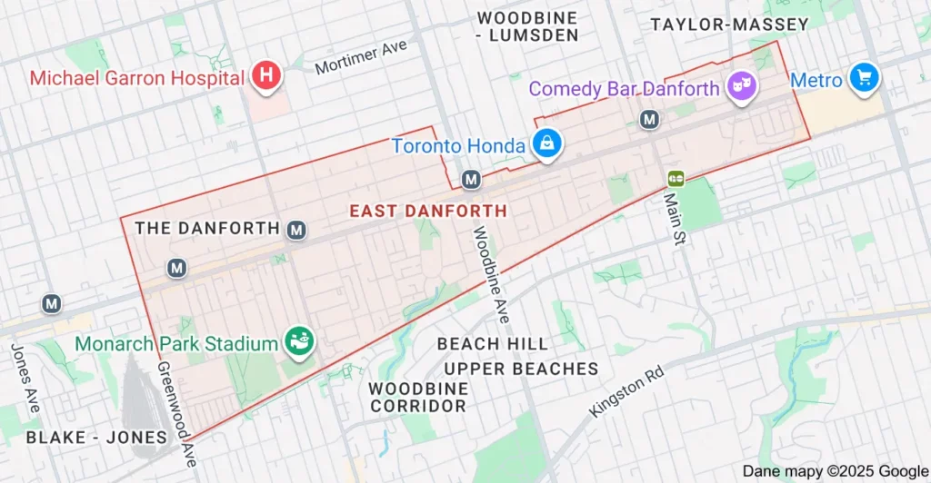 Service area map showing Flat Rate Bin garbage bin rental coverage in East Danforth (Danforth Village) Toronto