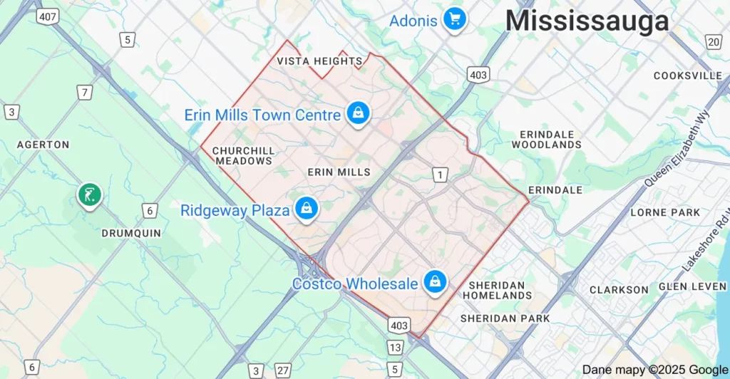 Service area map showing Flat Rate Bin garbage bin rental coverage in Erin Mills, Mississauga