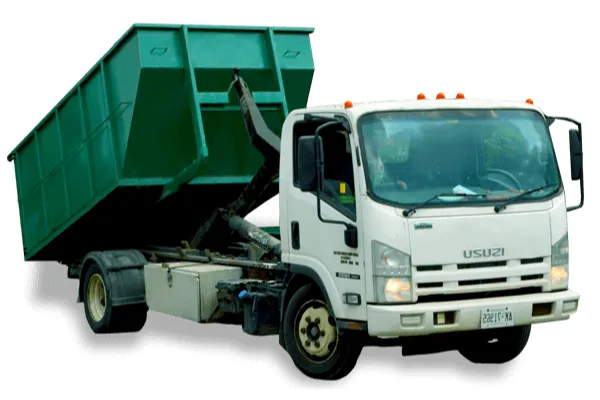 Flat rate bin rental truck delivering a green dumpster for waste disposal in Toronto