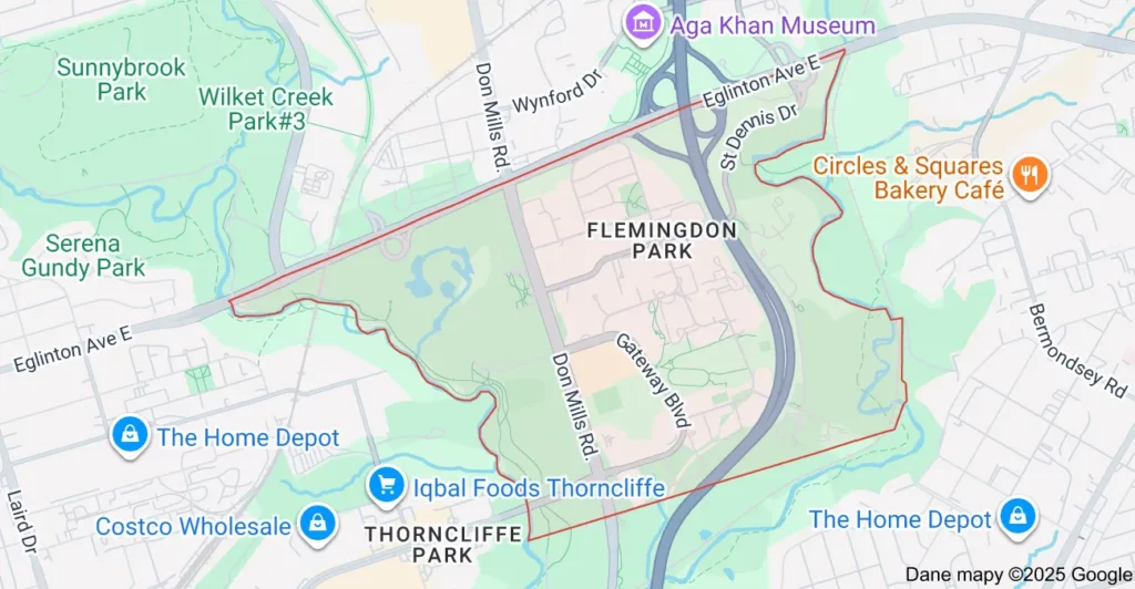 Service area map showing Flat Rate Bin garbage bin rental coverage in Flemingdon Park North York