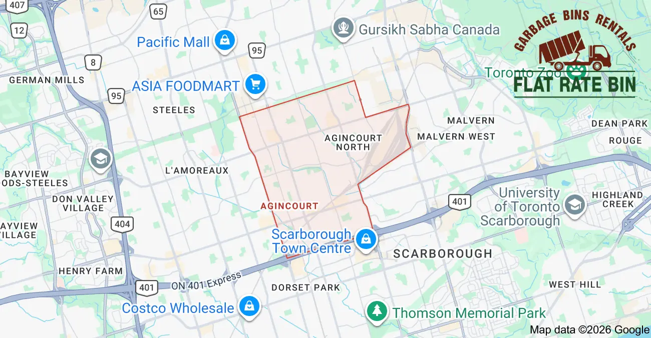 Garbage Bin Rental Service Coverage in Port Union, Scarborough Garbage bin rental service area map showing Flat Rate Bin dumpster delivery coverage in Agincourt, Scarborough, Toronto