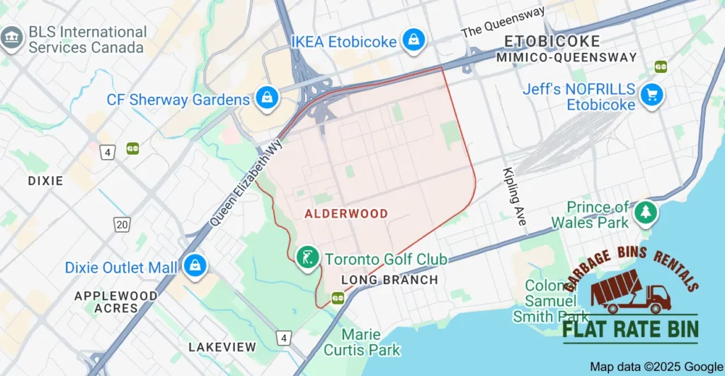 Dumpster rental service area map for Flat Rate Bin in Alderwood, Etobicoke.