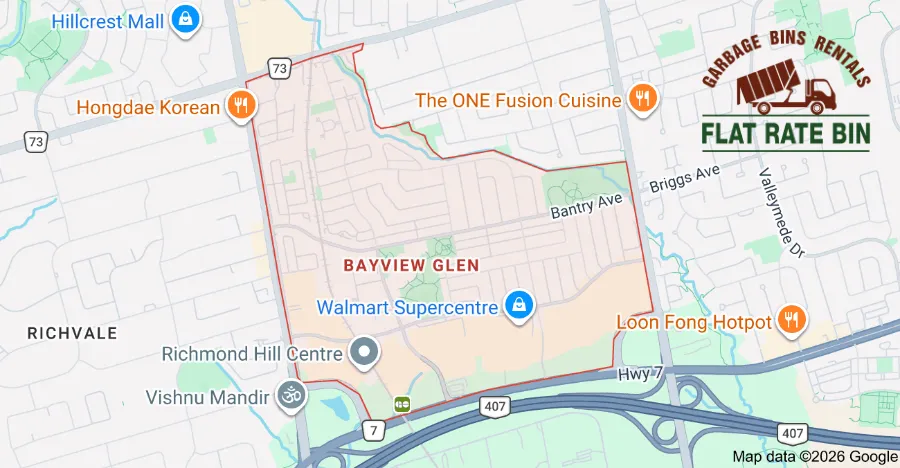 Map showing garbage bin rental service coverage across Bayview Glen Richmond Hill Ontario