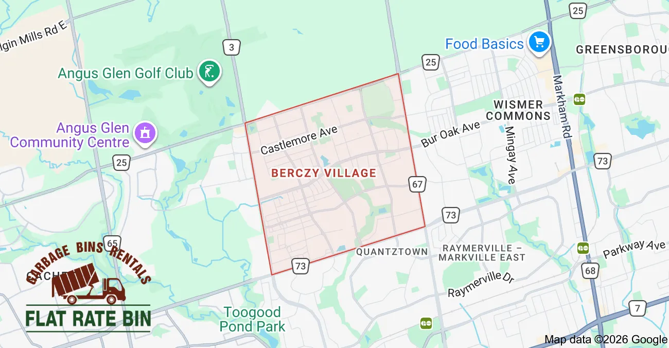 Garbage bin rental service area map showing Flat Rate Bin dumpster delivery coverage in Berczy Village Markham Ontario