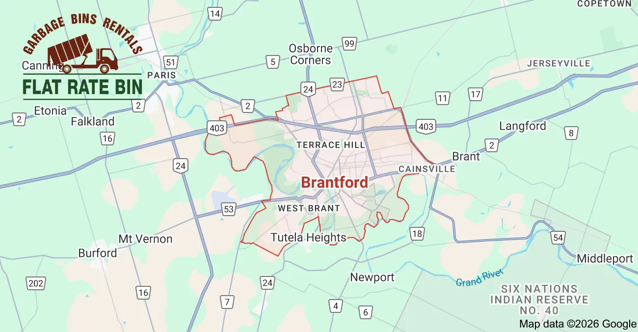Garbage bin rental service area map showing Flat Rate Bin dumpster delivery coverage across Brantford, Ontario