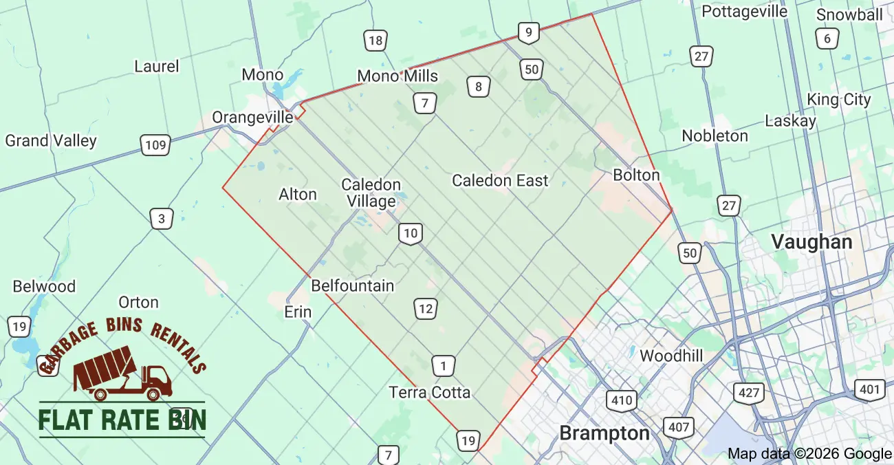 Garbage bin rental service area map showing Flat Rate Bin dumpster delivery coverage across Caledon, Ontario