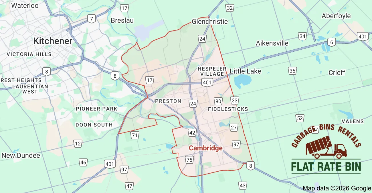 Garbage bin rental service area map showing Flat Rate Bin dumpster delivery coverage across Cambridge, Ontario