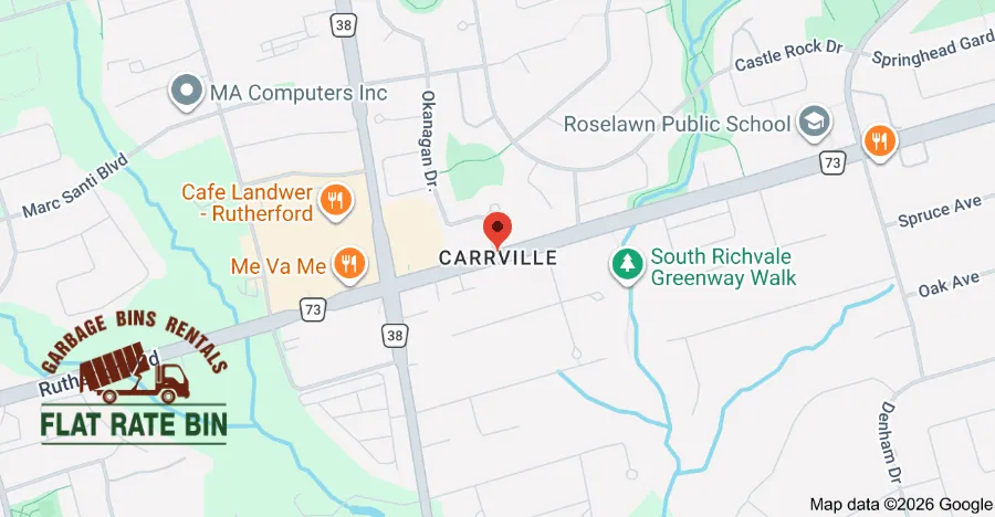 Garbage bin rental map highlighting delivery coverage in Carrville Richmond Hill Ontario