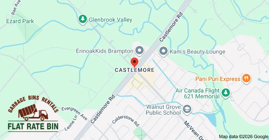 Garbage bin rental service area map showing Flat Rate Bin dumpster delivery coverage in Castlemore Brampton Ontario