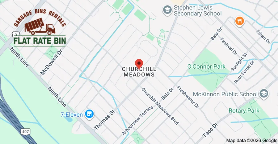 Garbage bin rental service area map showing Flat Rate Bin dumpster delivery coverage in Churchill Meadows Mississauga Ontario