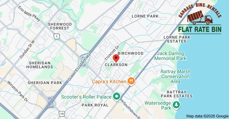 Garbage bin rental service area map showing Flat Rate Bin dumpster delivery coverage across Clarkson, Mississauga, Ontario.
