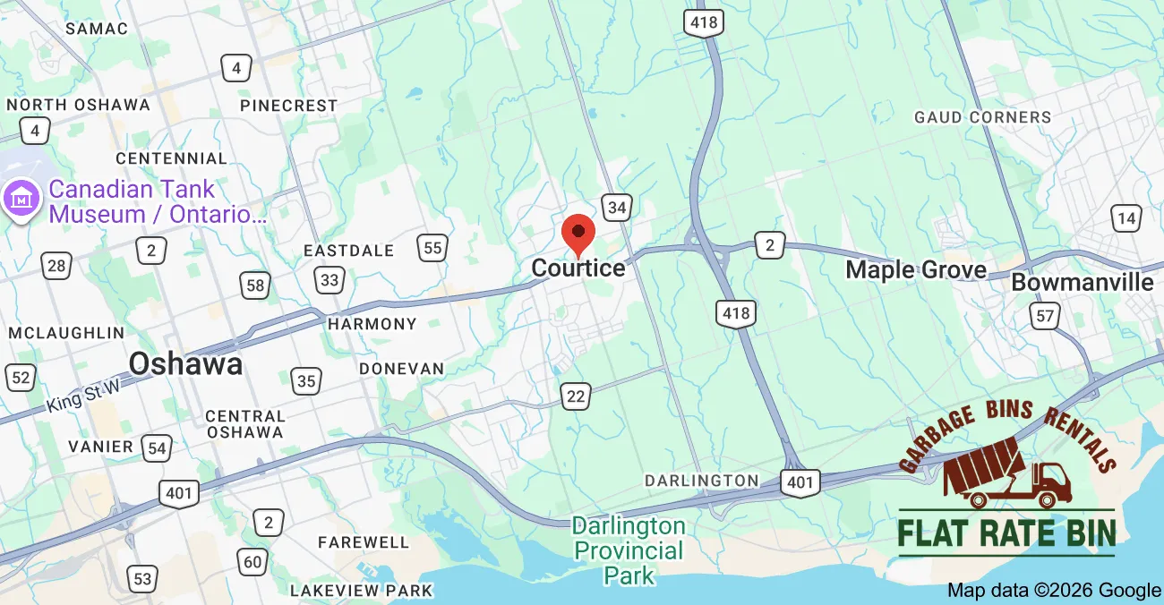 Garbage bin rental service area map showing Flat Rate Bin dumpster delivery coverage across Courtice, Ontario