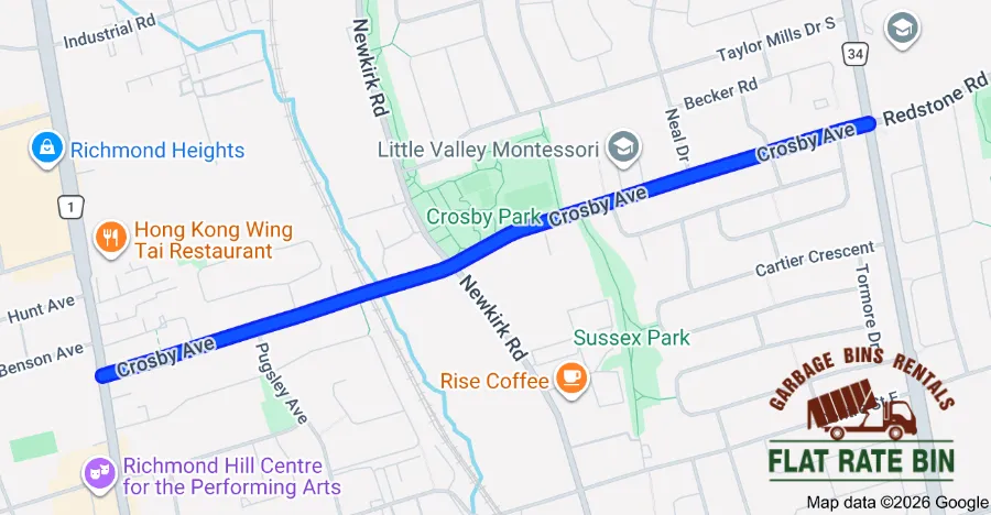 Map of dumpster rental service coverage in Crosby Richmond Hill Ontario