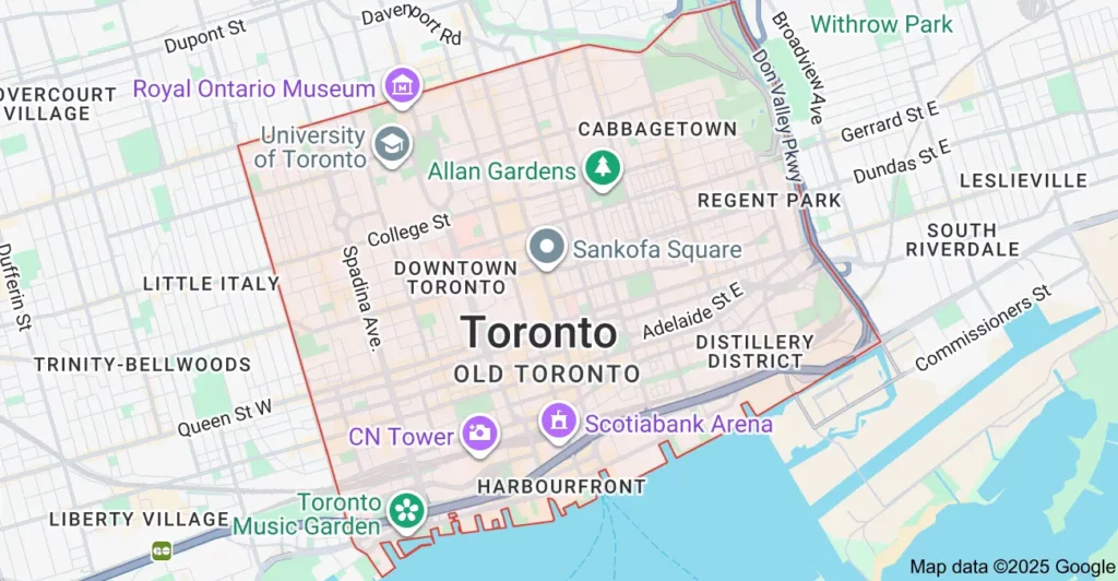 Flat Rate Bin Dumpster Rental Service Area Map – Downtown Toronto Dumpster rental service area map for Flat Rate Bin in Downtown Toronto.