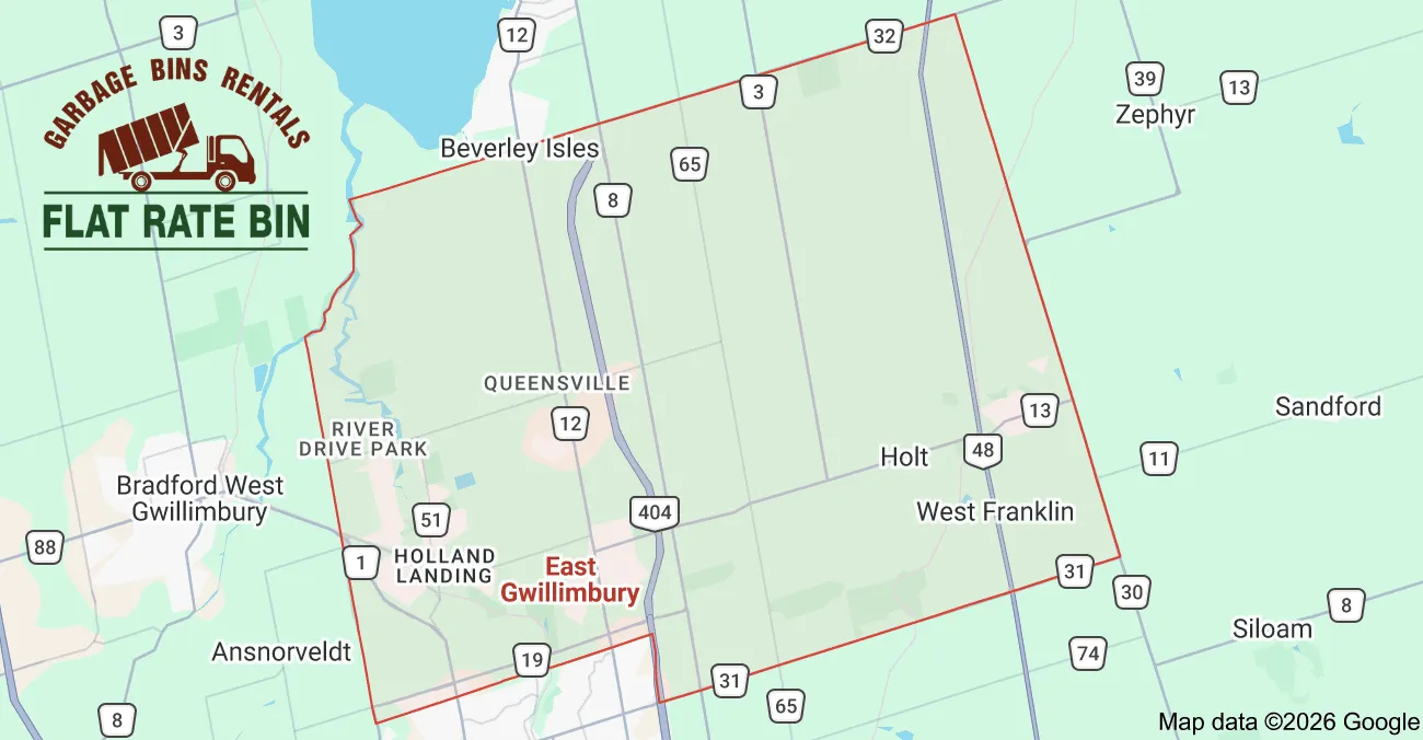 Garbage bin rental service area map showing Flat Rate Bin dumpster delivery coverage across East Gwillimbury, Ontario