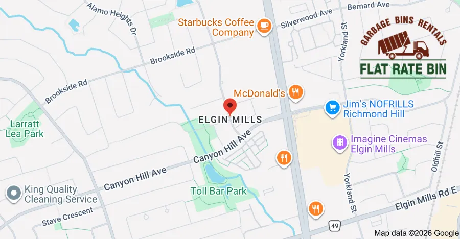 Service area map for garbage bin rentals in Elgin Mills Richmond Hill Ontario