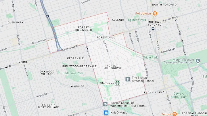 Garbage bin rental service area map for Forest Hill Toronto