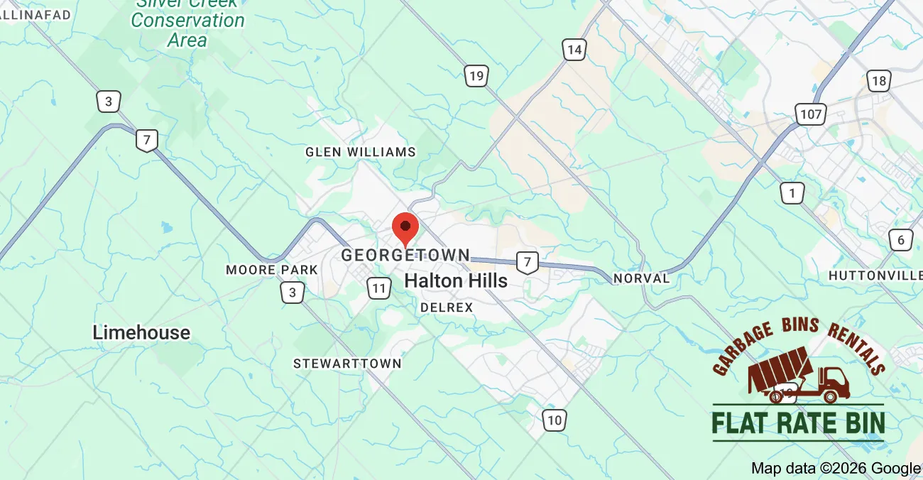 Garbage bin rental service area map showing Flat Rate Bin dumpster delivery coverage in Georgetown, Halton Hills, Ontario