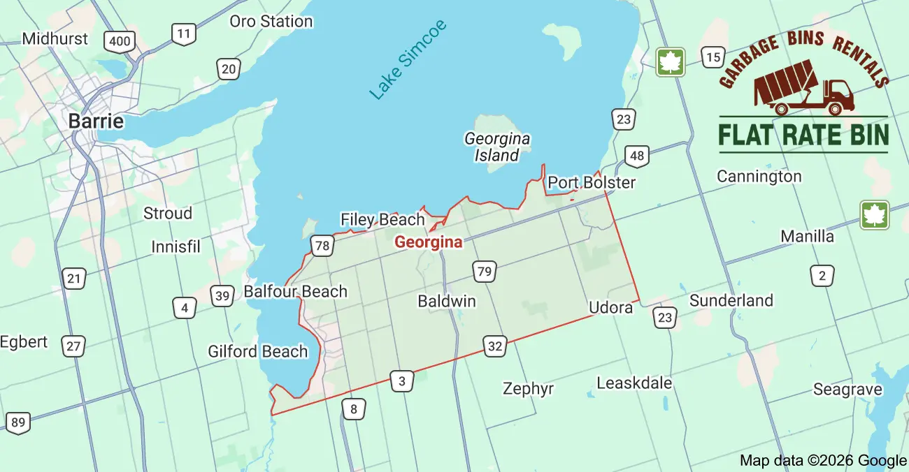 Garbage bin rental service area map showing Flat Rate Bin dumpster delivery coverage across Georgina, Ontario