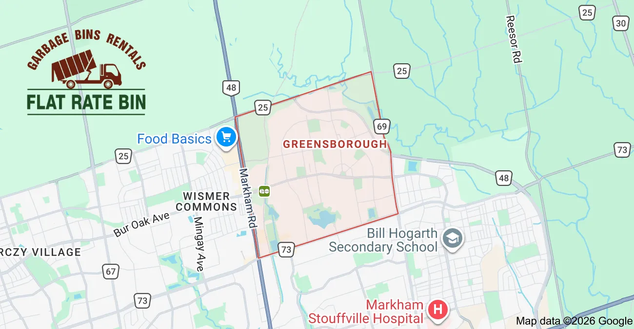 Garbage bin rental service area map showing Flat Rate Bin dumpster delivery coverage in Greensborough Markham Ontario