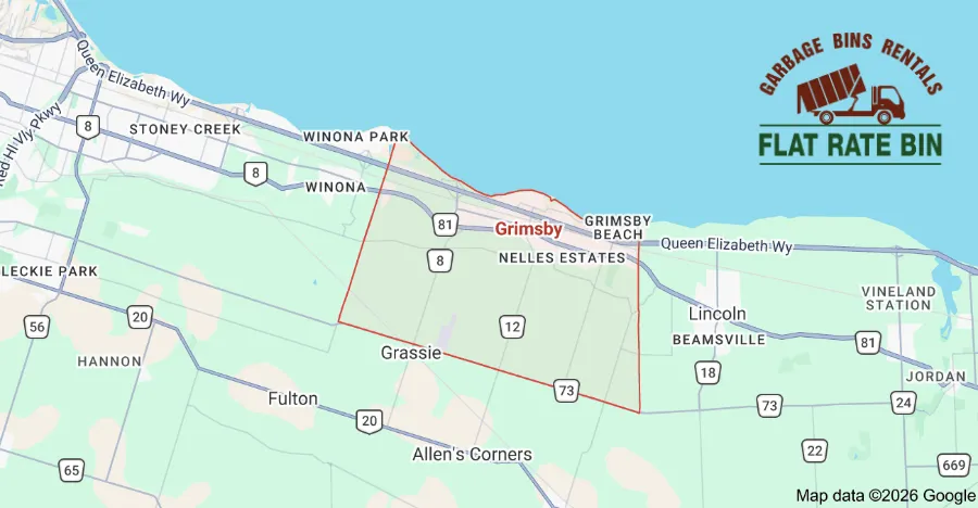 Garbage bin rental service area map showing Flat Rate Bin dumpster delivery coverage in Grimsby Ontario