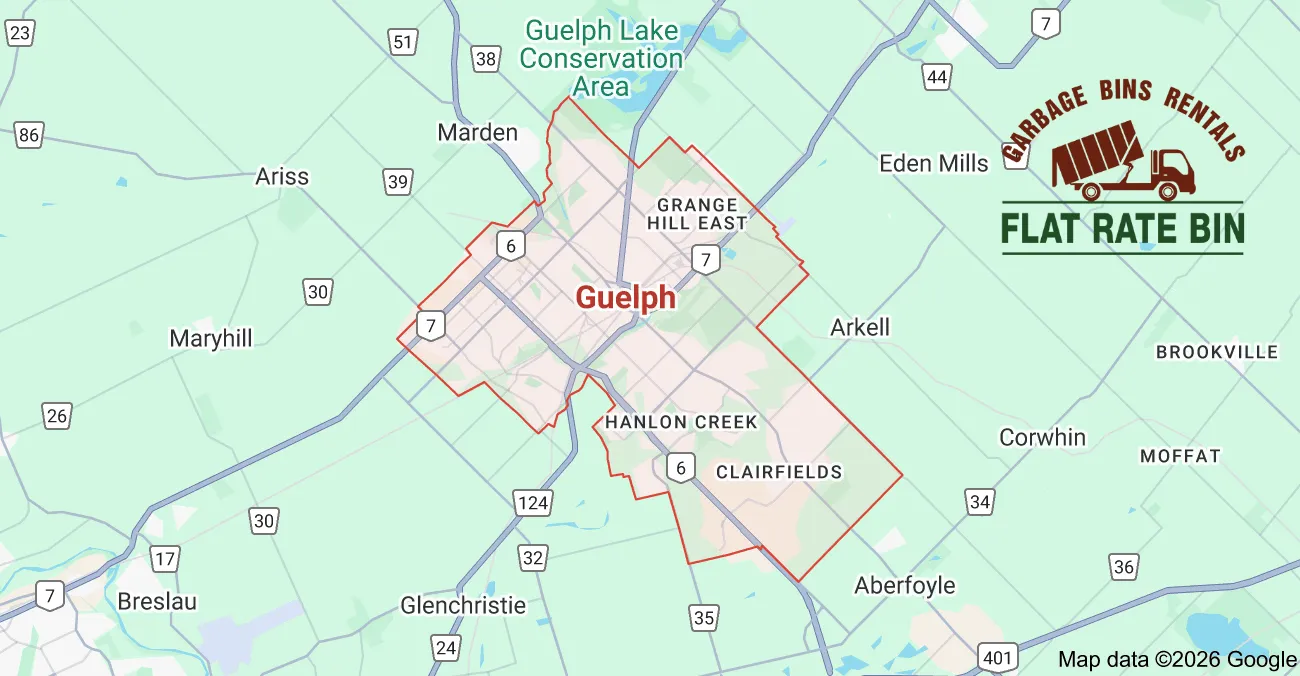 Garbage bin rental service area map showing Flat Rate Bin dumpster delivery coverage across Guelph, Ontario