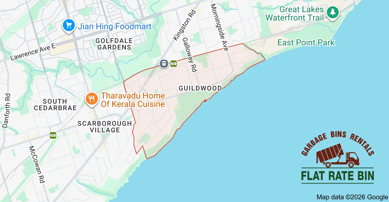 Garbage bin rental service area map showing Flat Rate Bin dumpster delivery coverage in Guildwood, Scarborough, Toronto