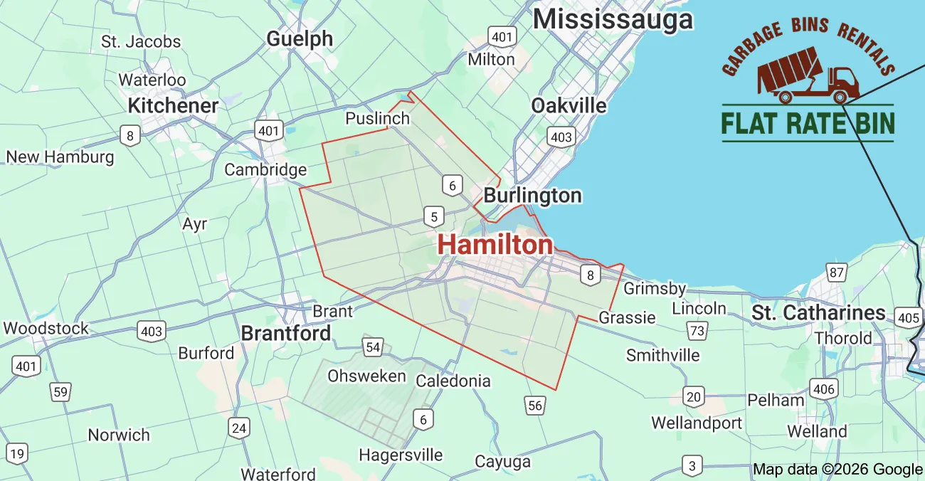 Garbage Bin Rental Service Coverage in Hamilton, Ontario Garbage bin rental service area map showing Flat Rate Bin dumpster delivery coverage across Hamilton, Ontario