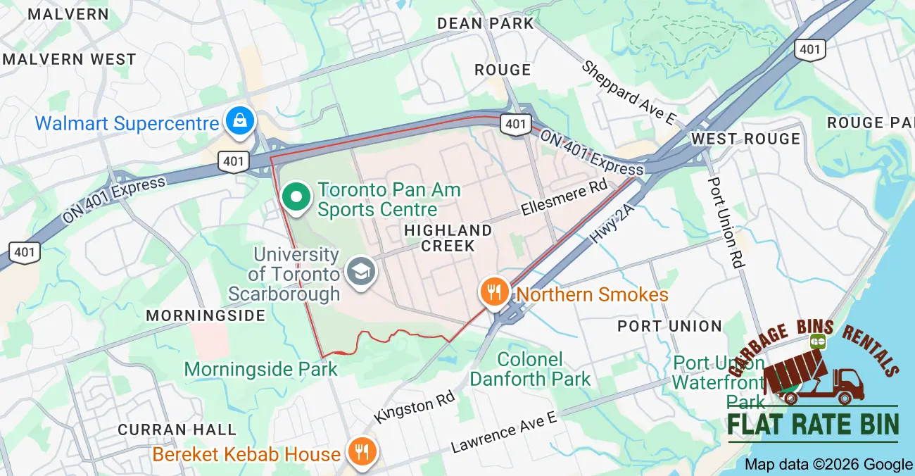 Garbage bin rental service area map showing Flat Rate Bin dumpster delivery coverage in Highland Creek, Scarborough, Toronto