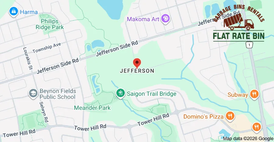 Jefferson Richmond Hill Dumpster Delivery Coverage Map Garbage bin rental service map for Jefferson Richmond Hill Ontario highlighting delivery zones