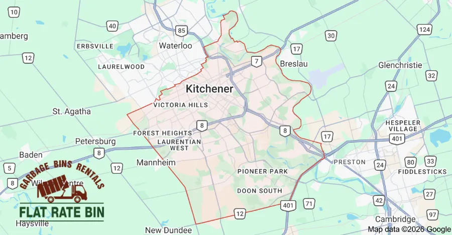 Garbage bin rental service area map showing Flat Rate Bin dumpster delivery coverage across Kitchener, Ontario