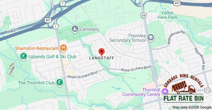 Garbage Bin Rental Coverage Map Langstaff Richmond Hill Dumpster rental service area map for Langstaff Richmond Hill Ontario showing delivery coverage
